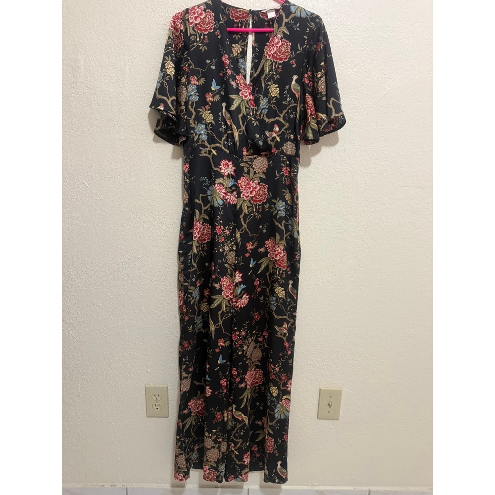 H&M Floral Bird Print Wide Leg Jumpsuit Black Flutter Sleeve V-Neck Size‎ 8